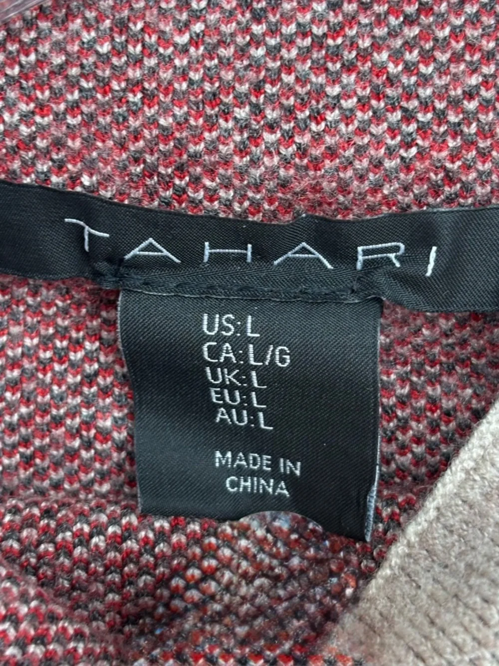 Tahari Womens Large Pullover Sweater Oatmeal Red Gray Check Funnel Neck Long Slv